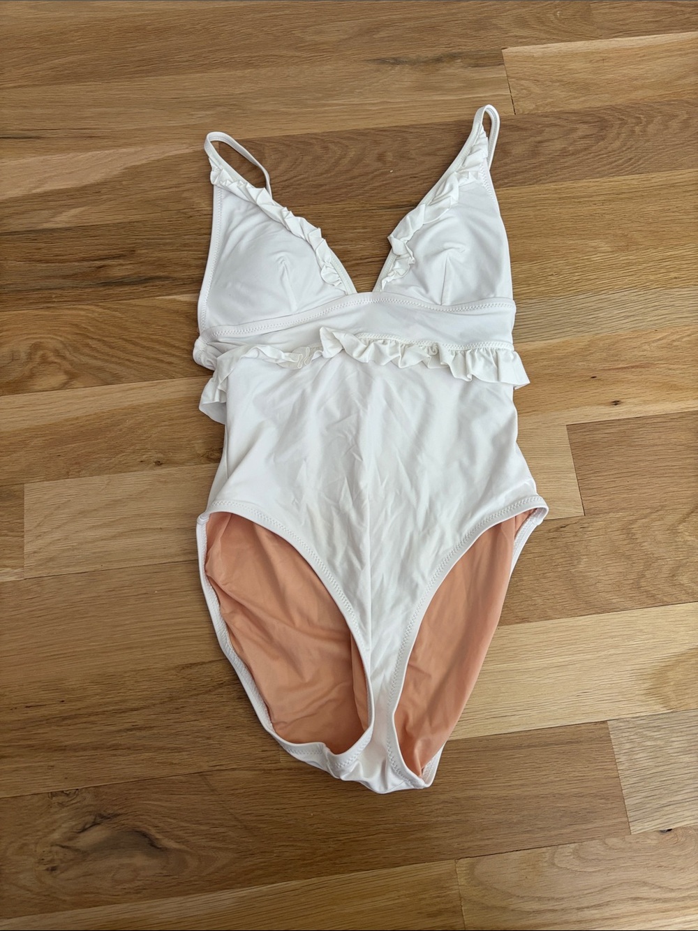 J. Crew White Ruffle One-Piece Swimsuit with Peach Lining